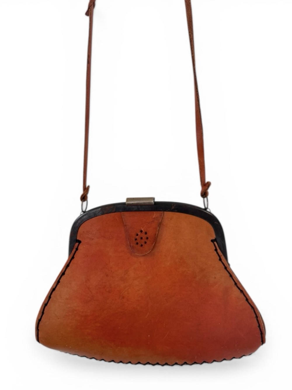 Vintage Artisan Leather Crossbody Bag in Fauve Handcrafted Clamshell Boho Small
